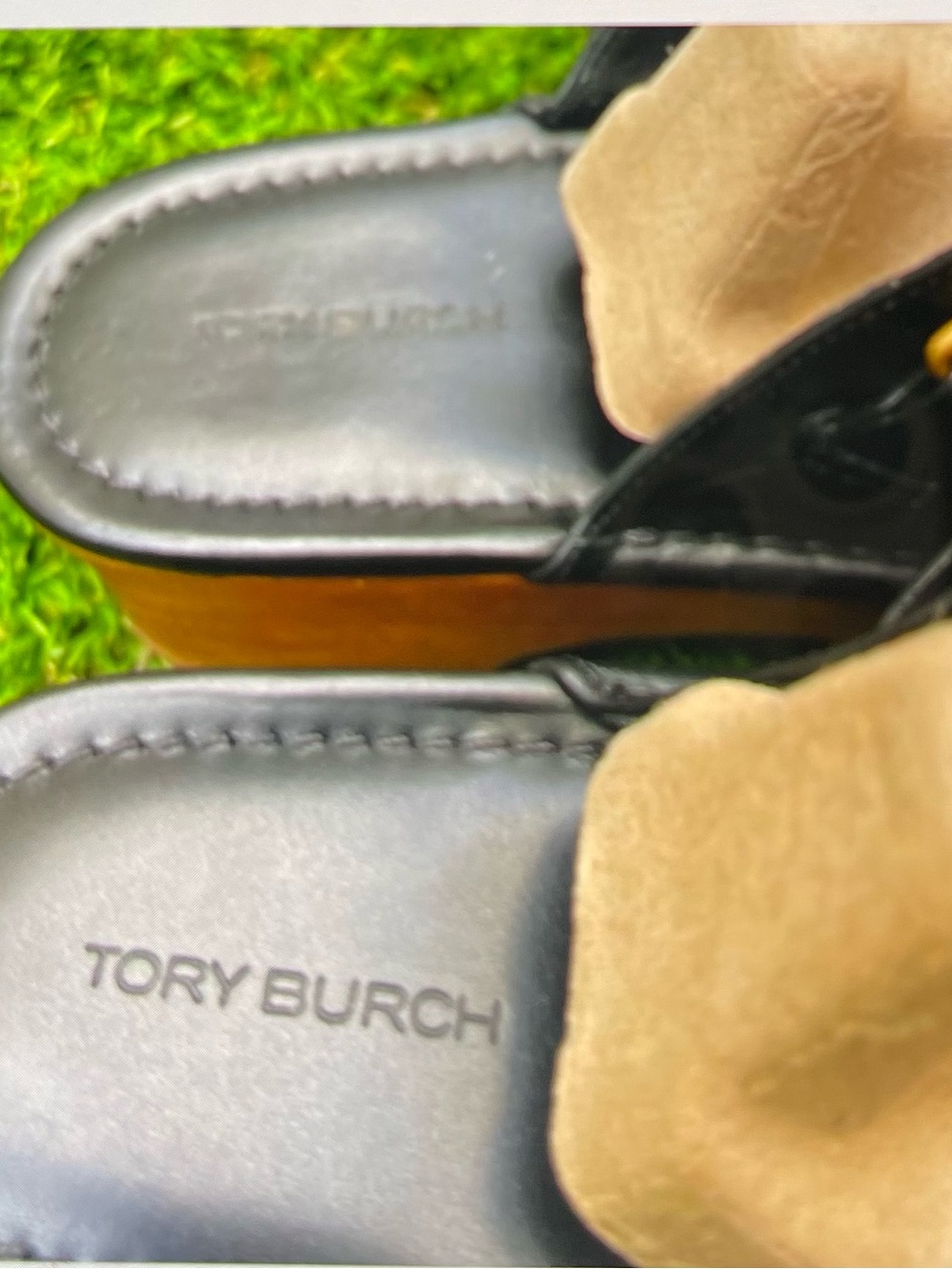 Tory Burch Black Leather Wedge Sandals with Tan Suede Accents